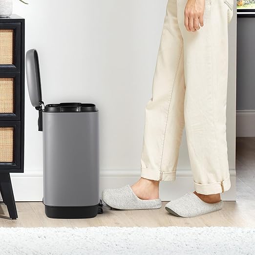 12L Bathroom Trash Can with Lid, Stainless Steel Kitchen Trash Can with Odor-Protective Lid | Hands-Free, with Foot Pedal and Trash Bag Ring, Removable Inner Bin, Suitable for Bathrooms, Gray