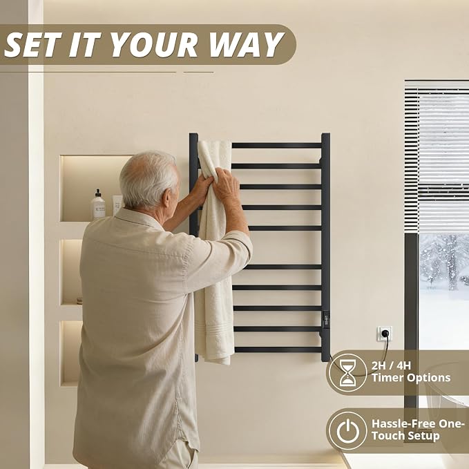 Towel Warmers for Bathroom, Heated Towel Rack Wall Mounted Large Racks, 10 Bar Hot Electric Rack, Stainless Steel, Built-in Timer, Plug-in, Fast Heating, Black
