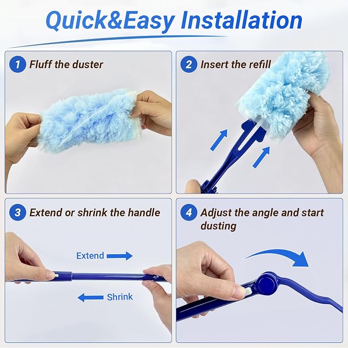60 Count Heavy Duty Duster Refills for Swiffer Duster, 360° Double-Sided Electrostatic Dusting Pads with Upgraded Thick Fibers, 2 Handles Included, Disposable Microfiber Duster for Cleaning Home(Blue)