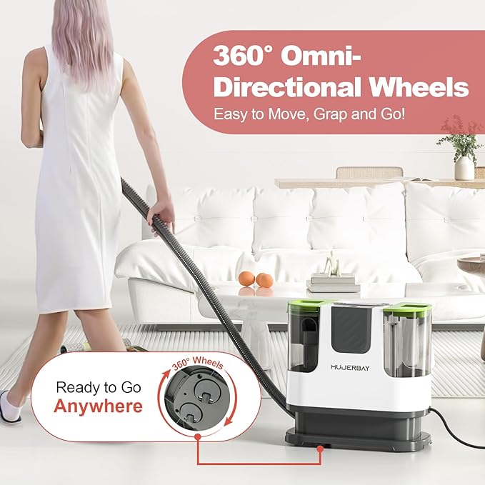 Upholstery Carpet Cleaner, MUJERBAY® 12Kpa Portable Spot and Stain Cleaner, Easy Move with Universal Wheels & Handle, 1.18-inch Deep Cleaning Machine for Couch, Stairs, Car and Pet Messes. Green