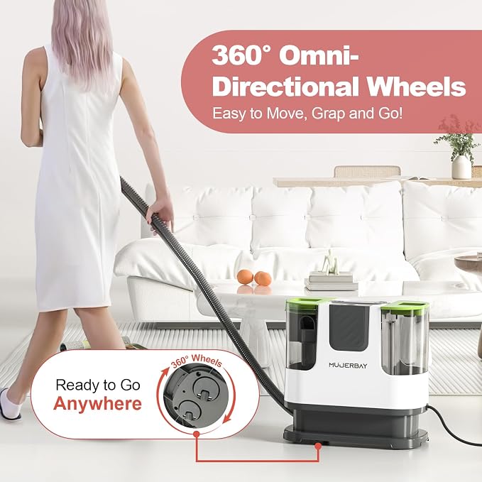 Upholstery Carpet Cleaner Machine, MUJERBAY Portable Spot & Stain Cleaner Shampooer, Easy Move with 360°Universal Wheels & Handle, 1.18-inch Deep Cleaning Machine for Couch, Stairs, Car & Messes.