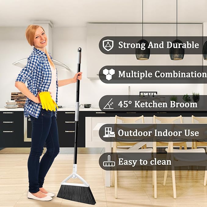 Heavy Duty Angle Broom 3 Pack - White Broom for Outdoor & Indoor, Garage, Driveway, Sidewalk, Kitchen & More, Long Handle