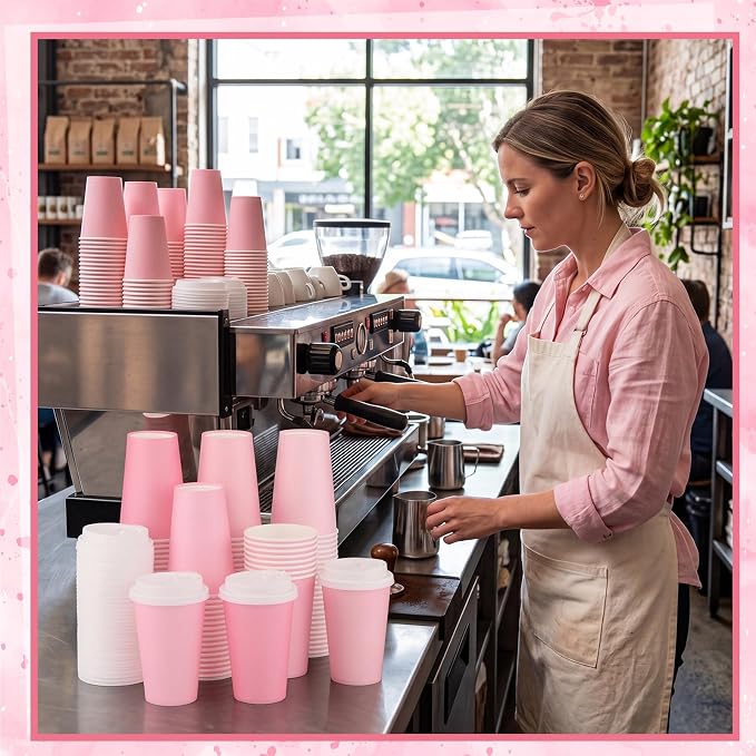 NatNarr 100 Pack Pink Coffee Cup with Lids Sleeves, 12oz Insulated To Go Paper Cups Gradient Pink Party Cups Disposable Paper Cups, Drinking Cup for Wedding Birthday Baby Shower Tea Party Supplies