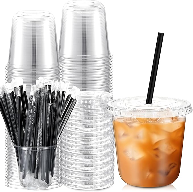 Ziliny 50 Set Clear Plastic Cups with Lids and Straws, Disposable Iced Coffee PET Cups for Drinking Cold Beverage Juice Parfait Smoothie Milkshake Coffee Shops Party Supplies (10 oz)