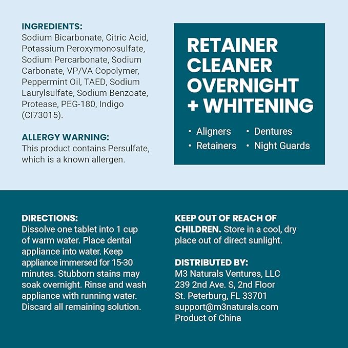Overnight + Whitening Retainer Cleaner, Remove Stains, Discoloration, and Plaque | 4 Month Supply | Denture Cleanser with Whitening Boost,120 Tablets by M3