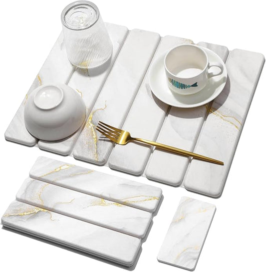 Small Stone Dish Drying Mat for Kitchen Counter, 15.7"×12" & 8"x4" Quick Dry Stone Mats, Foldable Water Absorbing Diatomaceous Earth Drying Dish Pad for Countertop Bottles Utensils Cup(Gold White)