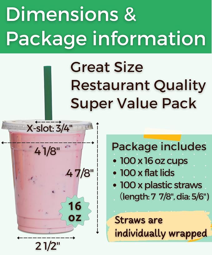 Aatriet [100 Sets] 16 oz Clear Plastic Cups with Lids and STRAWS, Disposable Party Cups for To Go Iced Coffee Cold Drinks, Smoothie, Juice, Parfait, Frappuccino, Milkshake. No Leaking Fruit Cup
