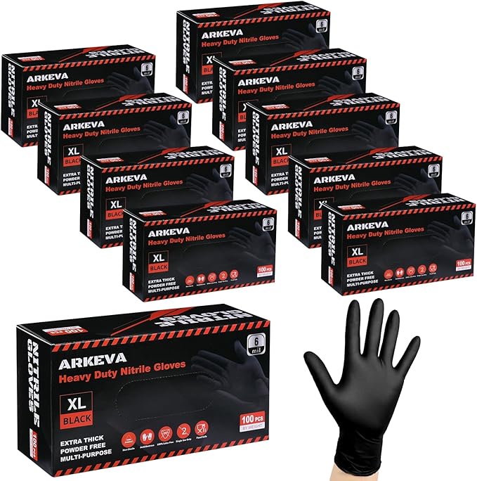 ARKEVA Black Nitrile Disposable Gloves 6 Mil. Chemical Resistance, Tear-Resistance, Latex & Powder Free