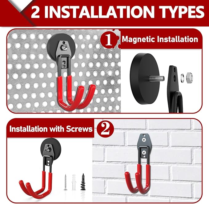 3-H Extra Strong Magnetic Hooks,Heavy Duty Large Anti-Slip Magnet Hooks J Shape,No-Drill Tool Holder for Garage,Power Drill,Garden Tools,Hose Storage,4 Pack Red