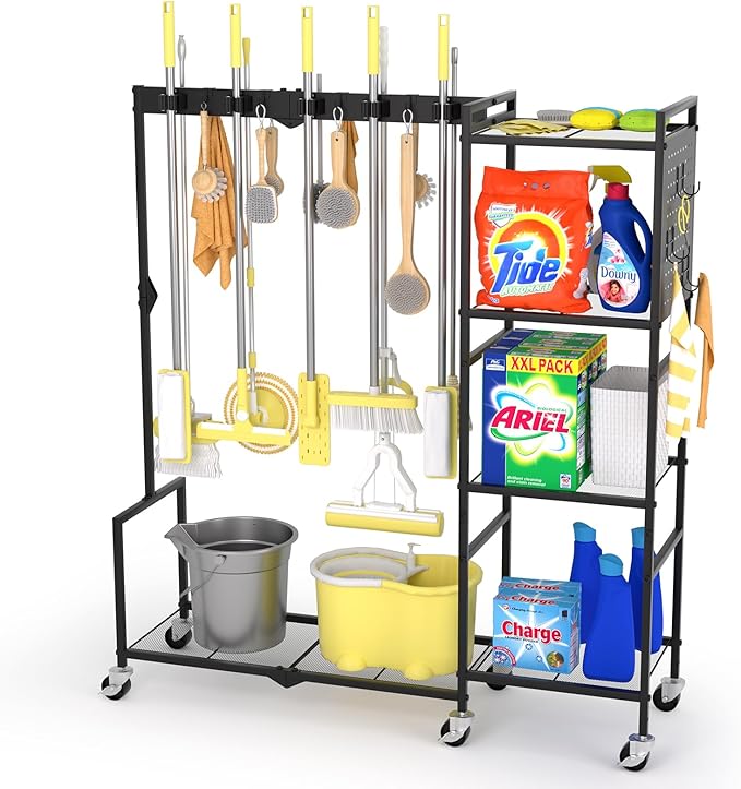 AGESISI 46" H Broom Holder with Cleaning Supplies Organizer, Mop Rack Storage with 4-Tier Shelves, 10 Gripper Clips, 4 Double-Hooks, 3 Hooks, Metal Utility Carts on Wheels for Home Essentials, Black