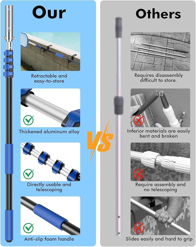 Pool Pole Telescopic 16FT Heavy Duty Upgraded Aluminum, 16 Ft Extension/Extendable Telescoping for Above Ground/Inground Swimming Cleaning, Leaf Skimmer/Brush/Net/Vacuum/Mesh