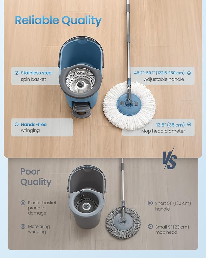 SONGMICS Spin Mop and Bucket Set with Pedal Wringer, Floor Cleaning Mop, Adjustable Telescopic Handle, Max. 59.1-Inch Length, 360° Rotating Head, 4 Microfiber Pads, Blue and Gray ULMB002QT04