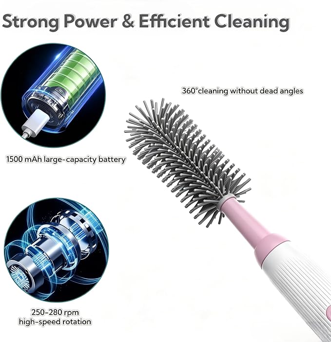 Electric Bottle Brush Set, 6-in-1 Electric Cleaning Brush with Waterproof Silicone Cleaner, 3 Replaceable Brush Heads, Straw Brush & Extension Rod, for Baby Feeding Accessories and Kitchen Utensils