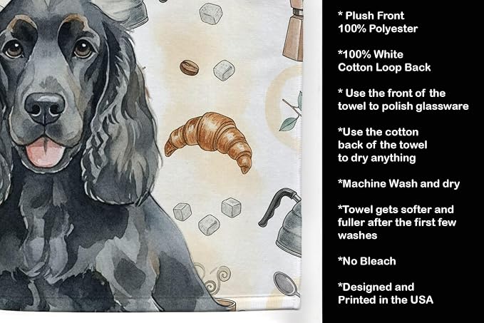 Caroline's Treasures Black Cocker Spaniel Coffee Bar Kitchen Towel Velour Plush Front and Cotton Loop Back Machine Washable