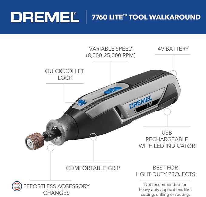 Dremel Lite 7760 N/10 4V Cordless Rotary Tool Kit with Variable Speed, USB Charging, Easy Accessory Changes - Ideal for Light-Duty DIY & Crafting, Sanding, Engraving, and Polishing
