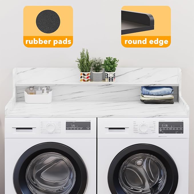SpaceAid Washer Dryer Countertop with 2-Tier Shelf, Wood Topper with Edge, 54" Width x 27.5" Depth Cover Organizer Guard for Washer and Dryer Counter Laundry Hamper Storage (White Marble)
