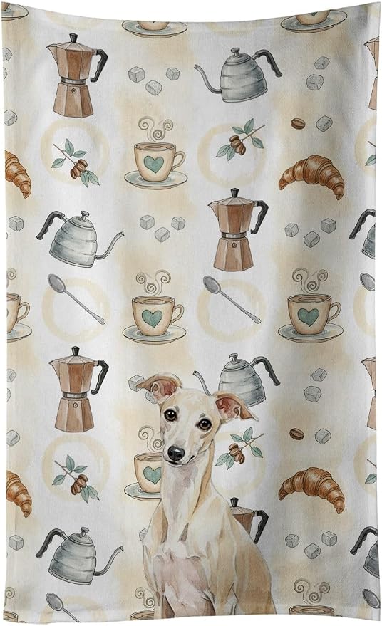 Caroline's Treasures Cream Italian Greyhound Coffee Bar Kitchen Towel Velour Plush Front and Cotton Loop Back Machine Washable