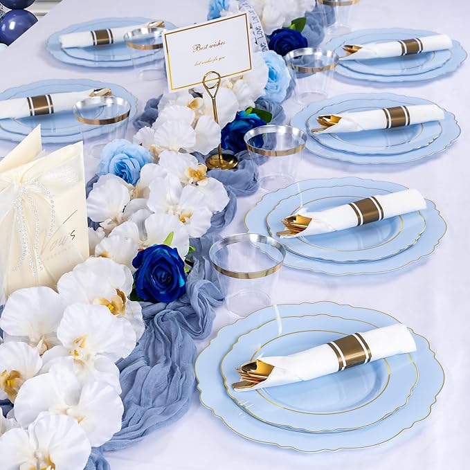 Liacere 350PCS Blue Plastic Plates - Disposable Blue and Gold Plates 50guest Baroque Plastic Dinnerware include 100Plates, 50Pack Pre Rolled Napkins with Silverware 50Cups for Wedding&Party