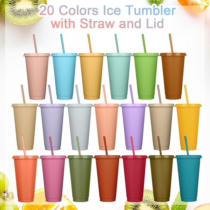 Honeydak 100 Pack Tumbler with Straw and Lid Bulk Water Bottle Iced Coffee Travel Mug Cup Reusable Plastic Cups for Party Birthdays 24-27 oz (Pastel Color)