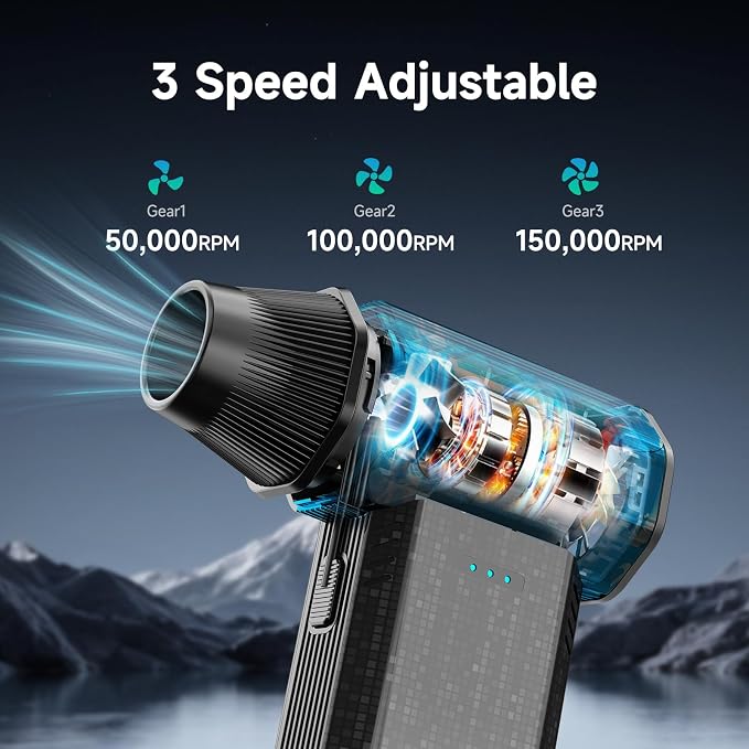 Alpicool Cordless Compressed Air Duster 150000 RPM Electric Air Duster, 3-Gear Adjustable Rechargeable Keyboard Cleaner, Portable Mini Blower for PC, Laptop, Car Interior, Office and Home Cleaning