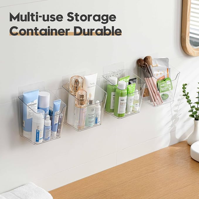 Clear Acrylic Pen Holder, 6 Pack Cabinet Door Organizer Adhesive, Bathroom Wall Mount Caddy Kitchen Plastic Storage Bin Box for Office Marker,Art Supply, Small Cleaning Supply, Seasoning Drink Packet