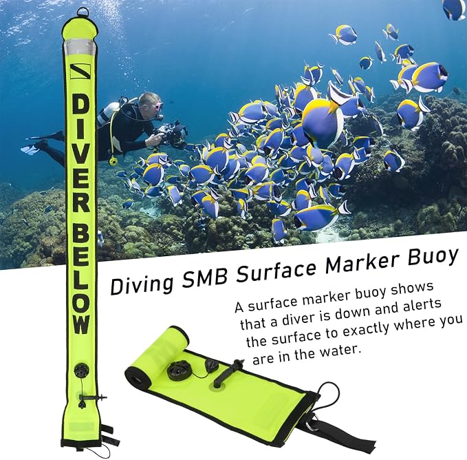 4ft Surface Marker Buoy, Hi-Vi Inflatable Scuba Signal Tube with Reflective Strip, Scuba Diving Open Bottom Float (SMB) for Underwater Diving Snorkeling