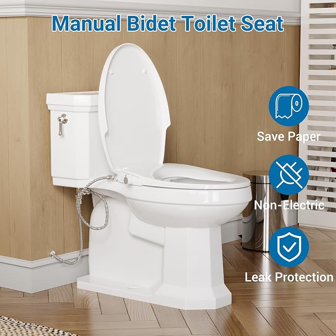 Non-Electric Bidet Toilet Seat, Self Cleaning Dual Nozzles Bidet Attachment with Soft Close Lid, Quiet-Close Design and Adjustable Water Spray,Feminine Hygiene Toilet Seat Cover for Women,Elongated