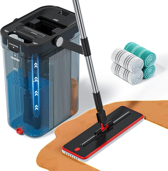 HoMettler 3-Tank Transparent Mop and Bucket Set with Separate Dirty & Clean Water, 65" Flat Mop for Floor Cleaning, 4 Machine Washable Microfiber Pads for Wood Tile - Black