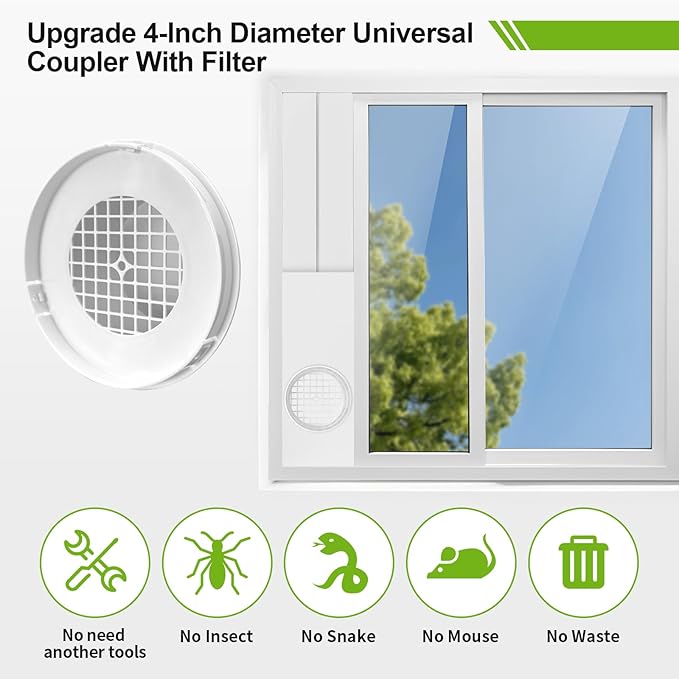 Dry Vent Window Kit for Dryer Vent Hose with 4" Diameter, Adjustable Window Dryer Vent Panels with Adjustable Length Panels and Insulating Foam Seal Strip (Max Length 59 inch)