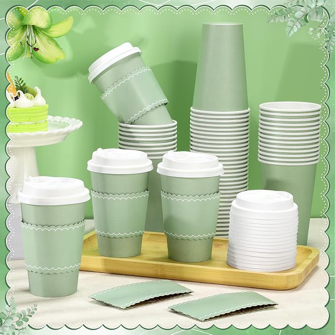 NatNarr 60 Pack Sage Green Coffee Cups with Lids Sleeves, 12oz Insulated To Go Paper Cups Sage Green Party Cups Disposable Paper Cups, Drinking Cups for Wedding Birthday Baby Shower Party Supplies
