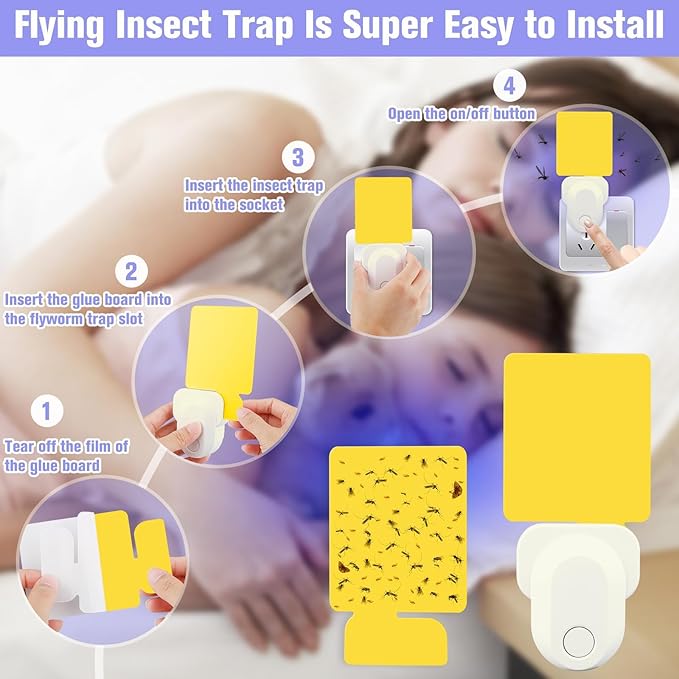 Flying Insect Trap Plug-in, Night Light Bug Trap with Sticky Pad for Flies, Gnats, Moths (1 Pack, Ivory)