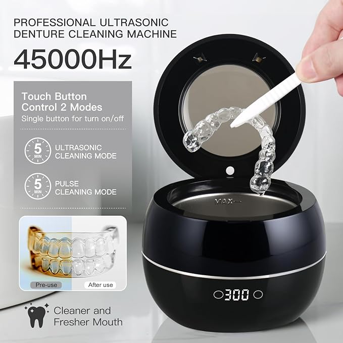 Dental Ultrasonic Retainer Cleaner Machine: 45kHz Dental Cleaning Pod for Denture, Aligner, Mouth Guard, Night Guard, Braces & Jewelry, UV Denture Cleaner with Digital Timer & Dual Mode 250ML Black