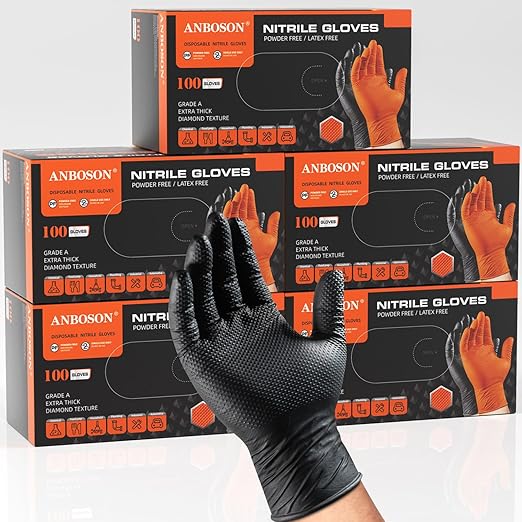 ANBOSON 10mil Nitrile-Gloves Disposable-Black Chemical-Resistant Rubber - Mechanic Gloves Heavy Duty, Latex Free, Diamond Grip (500, Medium)