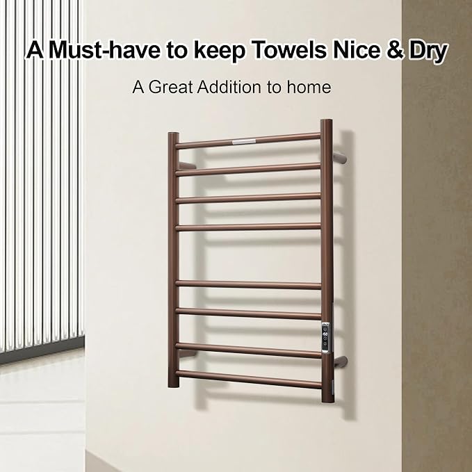 Electric Heated Towel Warmer - Wall Mounted Bathroom Towel Rack, Plug-in Design & Gold Brushed Stainless Steel Finish 8 Bar ORB with Timer & Temperature Control