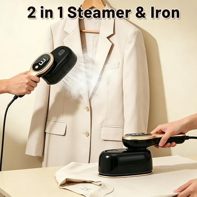 2-in-1 Handheld Steamer for Clothes, 110ml Large Tank Portable Travel Garment Steamer with 3 Adjustable Steam Settings, 15s Fast Heat-Up 180° Rotatable Steam Iron for Home Office Dorm