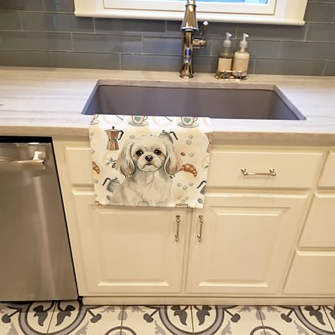 Caroline's Treasures White Tibetan Spaniel Coffee Bar Kitchen Towel Velour Plush Front and Cotton Loop Back Machine Washable