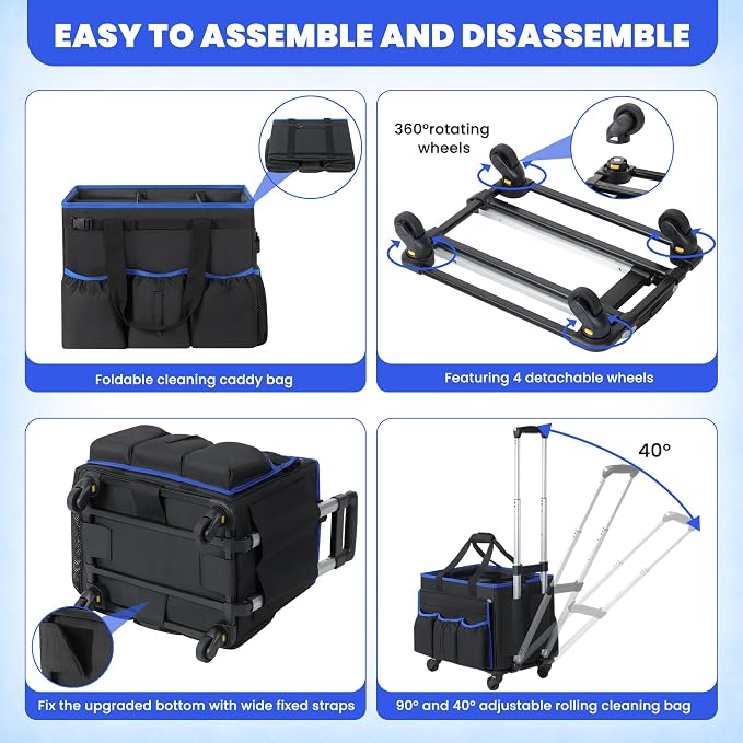 Rolling Cleaning Caddy Bag with Detachable Trolley, Large Multi-Pockets Cleaning Supply Organizer with Handles and Shoulder Strap, Cleaning Cart Supplies Organizer for Housekeepers, Cleaners, Car