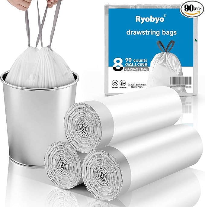8 Gallon Trash Bags Drawstring- 90 Counts Medium Trash Bag Extra Strong, Medium Garbage Bags 8 Gallon Unscented, Stretchy, Quick Cinch for Office Kitchen, White