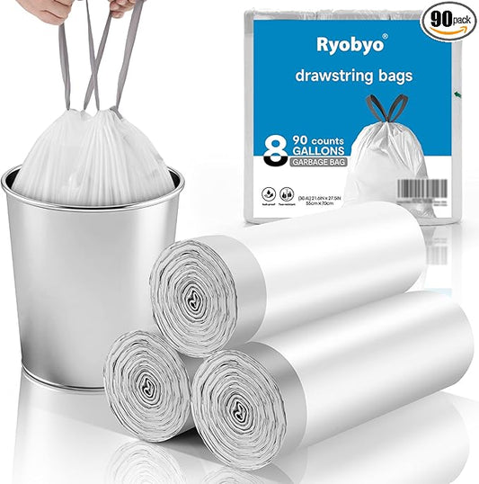 8 Gallon Trash Bags Drawstring- 90 Counts Medium Trash Bag Extra Strong, Medium Garbage Bags 8 Gallon Unscented, Stretchy, Quick Cinch for Office Kitchen, White