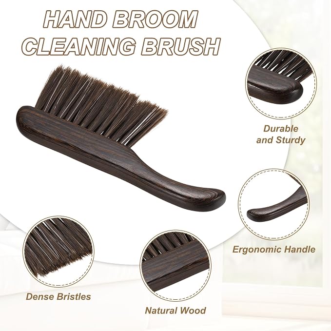 HARFINGTON 2 PCS Hand Broom Brush 11" Soft Bristles Dusting Brush Cleaning Duster with Curved Handle and Three Rows of Bristles for Car Bed Counter Sofa Furniture Clothes, Brown