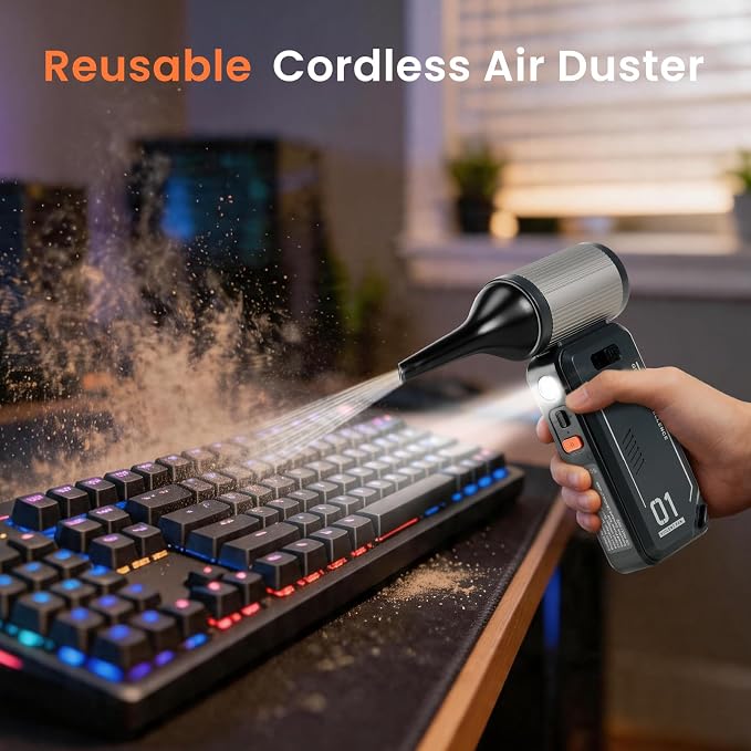 Compressed Air Duster - 130000RPM Rechargeable Electric Cordless Blower, Built-in Cable Power Bank, Vacuum Cleaner with Stepless Speed for Computer Keyboard, Car, Home and Outdoor - Black