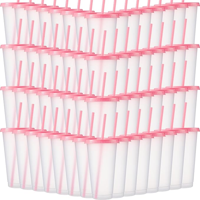 Honeydak 100 Pack Tumbler with Straw and Lid Bulk Cups for Gifts Water Bottle Iced Coffee Travel Mug Cup Reusable Plastic Tumblers for Party Birthdays 24-27 oz (Clear and Pink Color)