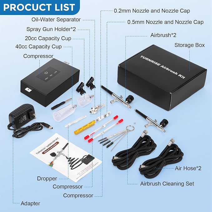 Airbrush Kit with Air Compressor Dual Airflow Version, 2 Airbrush Guns, 50 PSI Air Brush Kit with 0.2/0.3/0.5mm Nozzle for Painting, Modeling, Cake Decorating, Makeup, Nails, Crafts