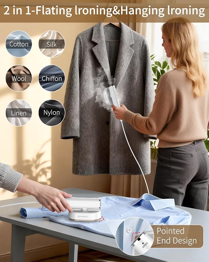 Steamer for Clothes, 2-in-1 Steam Iron for Clothes, 1200W Handheld Steamer 10s Heat-Up, Travel Steamer Fast Wrinkle Removal, Portable Garment steamer for Home Travel -White, 110-120V