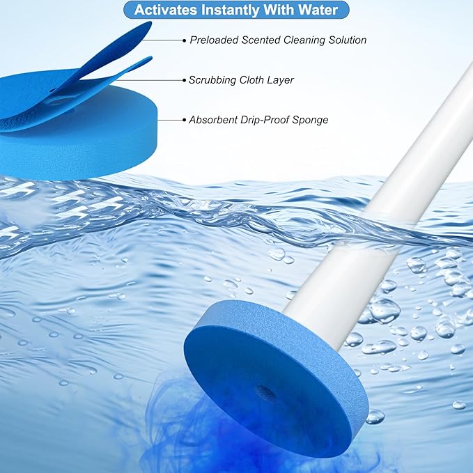 Taiuloo Disposable Toilet Brush, Wall Mounted Toilet Bowl Cleaner Wand & Holder with 32 Refills Scrubbing Pads, Bathroom Toilet Wand Kit Deep Cleaning System
