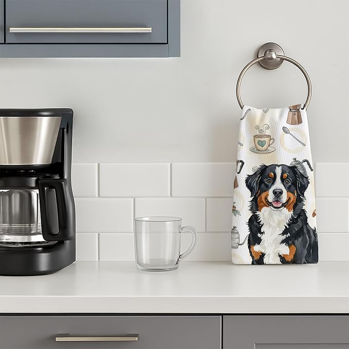 Caroline's Treasures Bernese Mountain Dog Coffee Bar Kitchen Towel Velour Plush Front and Cotton Loop Back Machine Washable