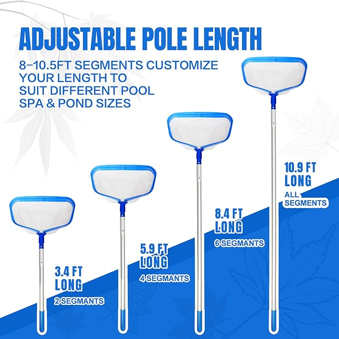 joyhalo Pool Skimmer Net with Pole, 2.5FT-10FT Adjustable Aluminum Pole & Fine Mesh Pool Net,Larger Capacity Skimmer Leaf nets for Cleaning Leaves, Debris
