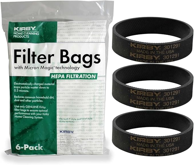 Kirby Vacuum Maintenance Bundle – 6 HEPA Filter Bags & 3 Replacement Belts – Compatible with Kirby Upright Vacuums