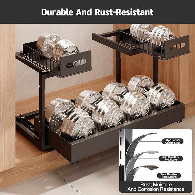 Expandable under cabinet organizer, 2-Tier under sink organizer with Reinforced Ball-Bearing slide rail, Slide-Out sink Shelf Height Adjustable, Durable and rust-proof for Kitchen & Bathroom