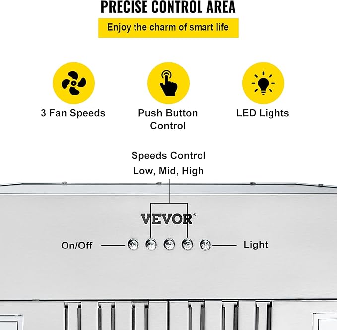 VEVOR Insert Range Hood, 800CFM 3-Speed, 30 Inch Stainless Steel Built-in Kitchen Vent with Push Button Control LED Lights Baffle Filters, Ducted/Ductless Convertible, ETL Listed